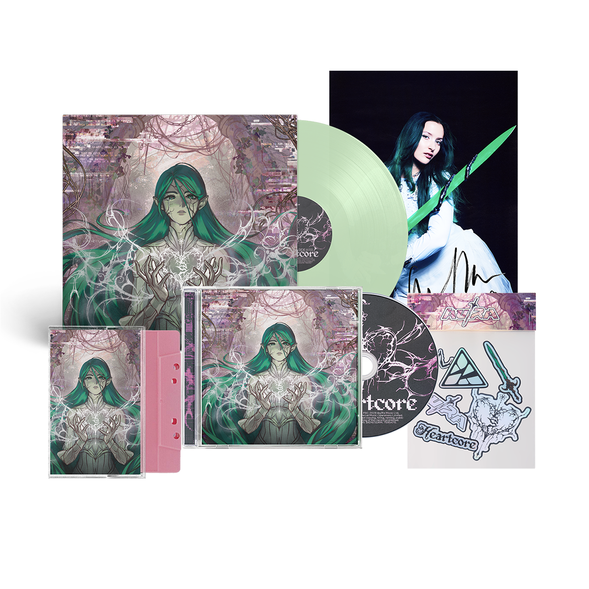 heartcore glow in the dark vinyl, CD, Cassette, sticker pack + Signed Print