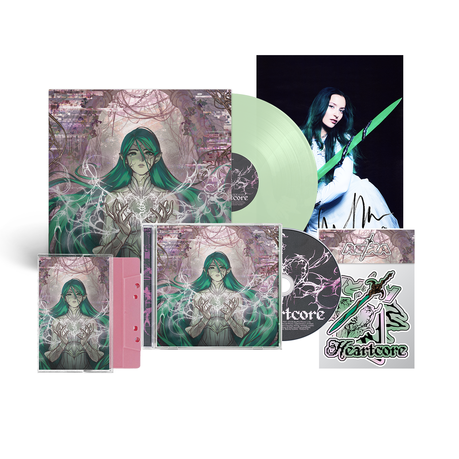 heartcore glow in the dark vinyl, CD, Cassette, sticker pack + Signed Print
